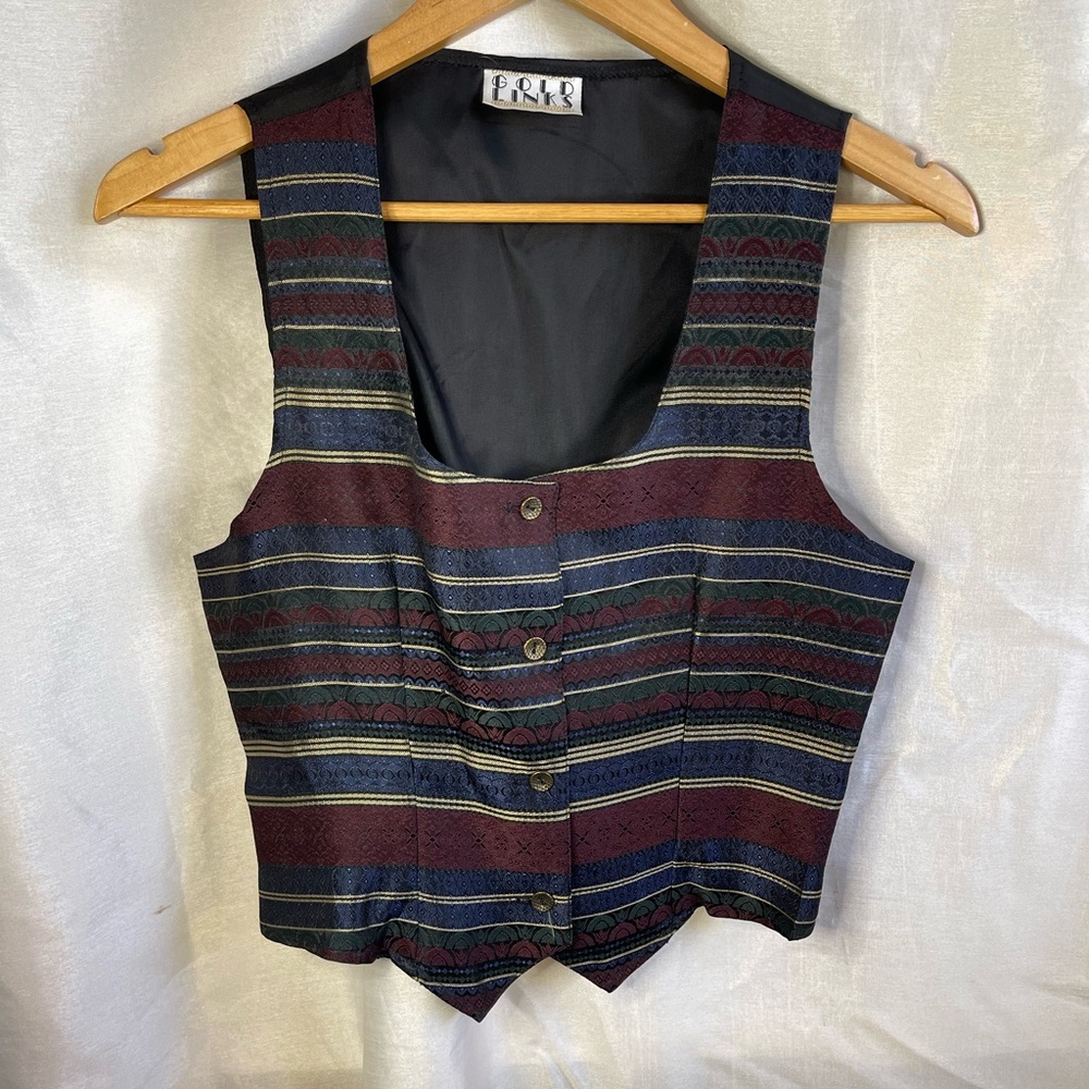 VTG 90s Gold Burgundy Navy Blue Striped Vest Corset Bustier Blouse Top